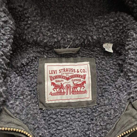 Men's Levi's Cotton Workwear Sherpa-Lined Hooded Bomber Jacket Coat Olive Large - Picture 2 of 12